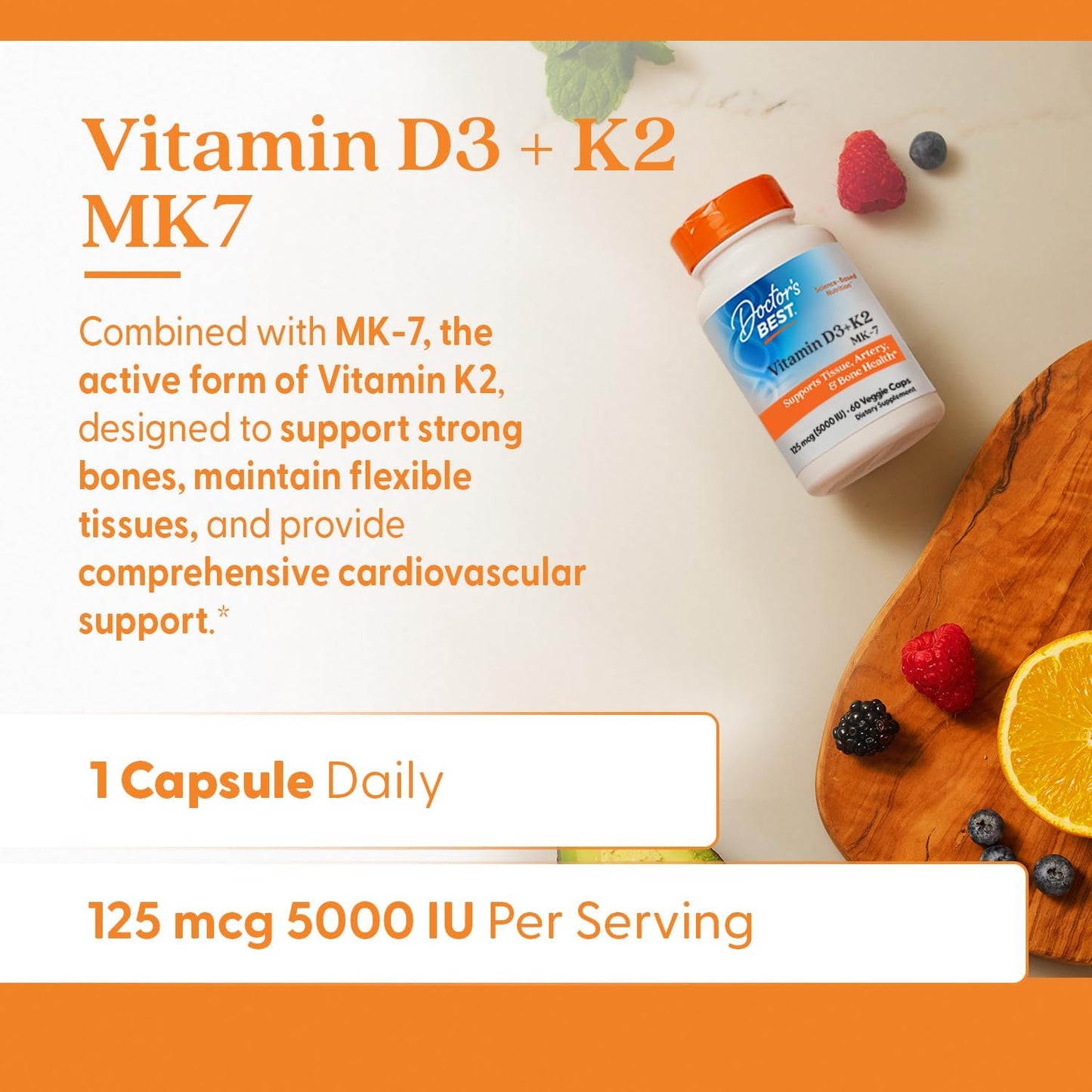 Doctor's Best - Vitamina D3 5000 UI + K2 como MK-7, 60 cápsulas vegetales