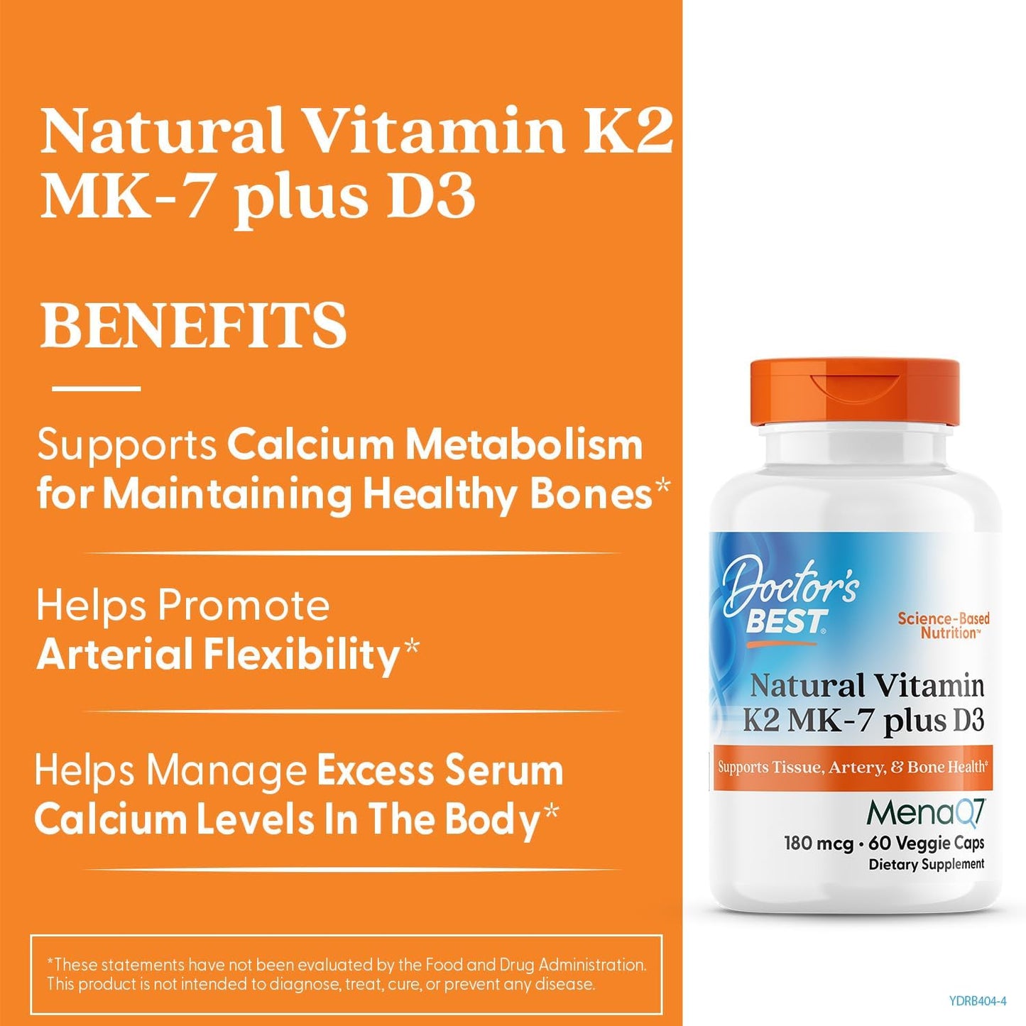 Doctor's Best - Natural Vitamin K2(180mcg) MK-7 Plus D3 25mcg(1000IU), 60 capsulas