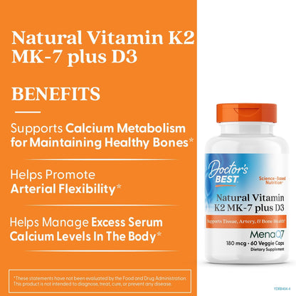 Doctor's Best - Natural Vitamin K2(180mcg) MK-7 Plus D3 25mcg(1000IU), 60 capsulas