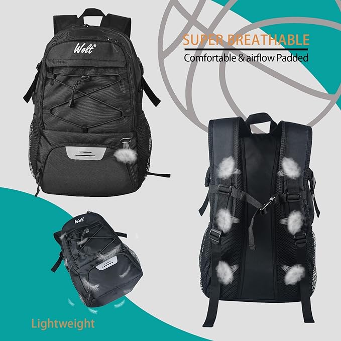 WOLT | Mochila de baloncesto grande con soporte de pelota separado y compartimento para zapatos, ideal para baloncesto, fútbol, voleibol, natación, gimnasio, viajes