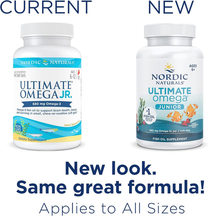 Nordic Naturals Ultimate Omega Junior - Ayuda a tener un corazón y cerebro saludables y mejora el estado de ánimo de niños en desarrollo, sabor fresa 120 mini softgel