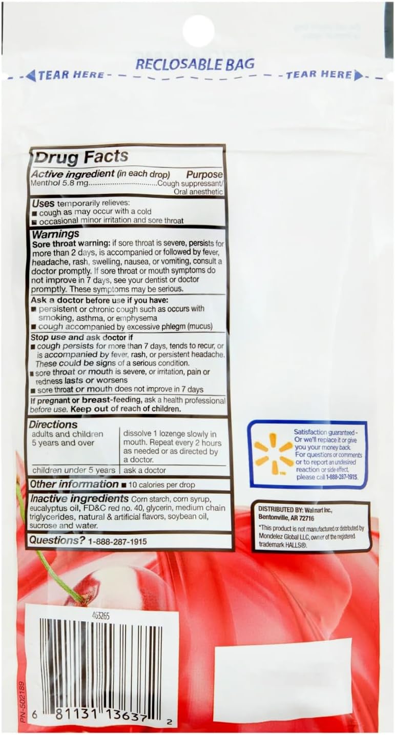 Equate  Caramelos para la tos  - Cherry Alivio del dolor de garganta y tos con mentol, 5.8 mg, 30 unidades