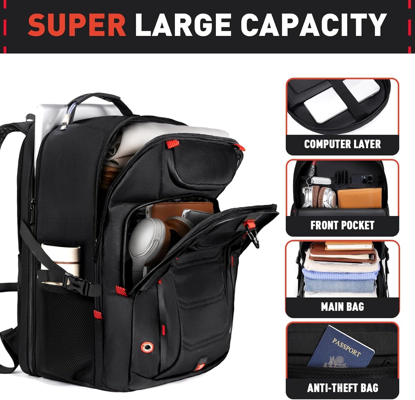 Z-MGKISS Mochila de viaje extra grande de 55 Litros, mochila para laptop de hasta  18.4 pulgadas