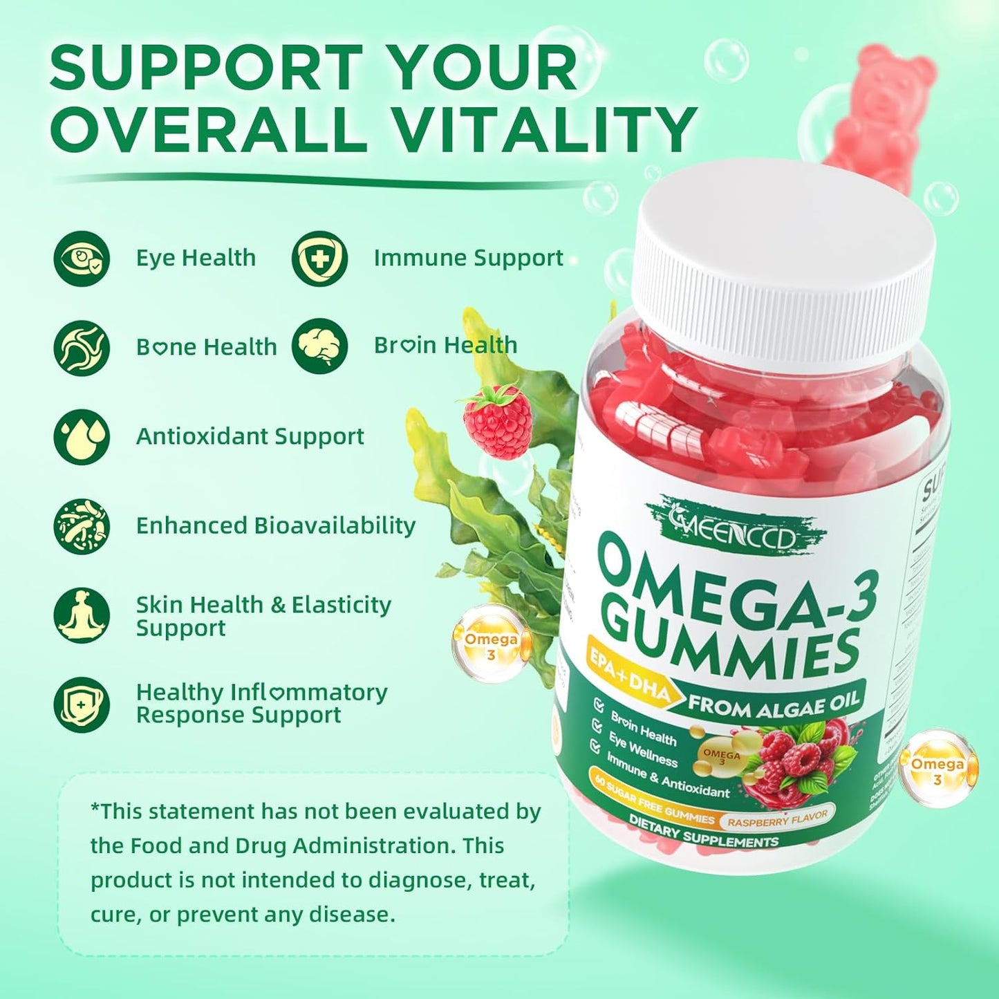 MEENCCD Gomitas veganas Omega-3 de 1000 mg, 60 unidades