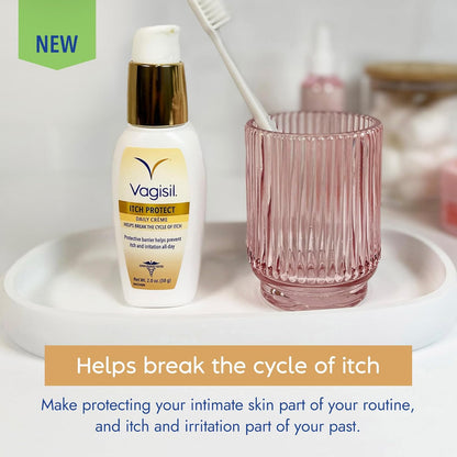 Vagisil Itch Protect - Crema diaria con avena prebiótica, fórmula protectora sin fragancia con manteca de karité y aceite de girasol,absorción rápida con pH equilibrado, hipoalergénico 58 gr.