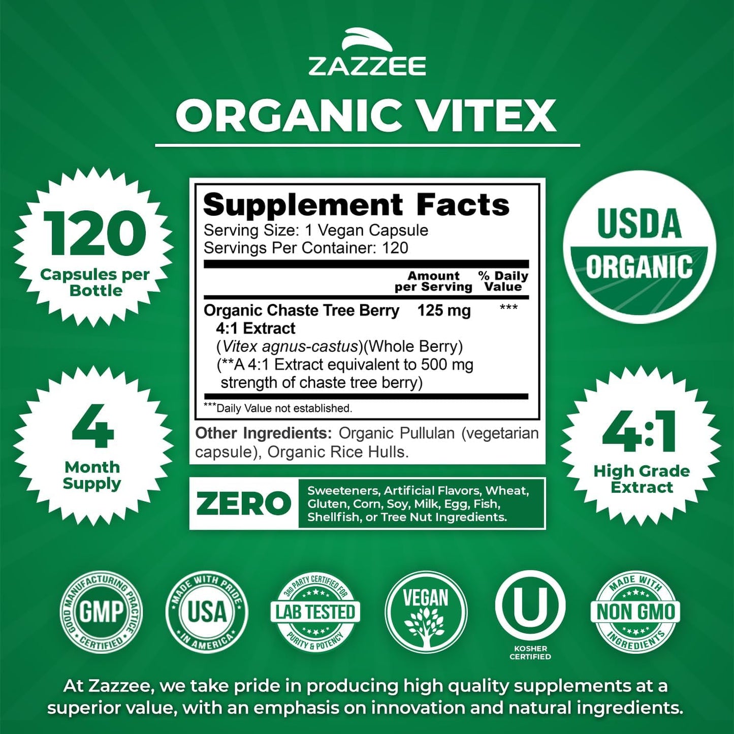 Zazzee USDA Organic Vitex 4:1 Extracto, 120 cápsulas veganas