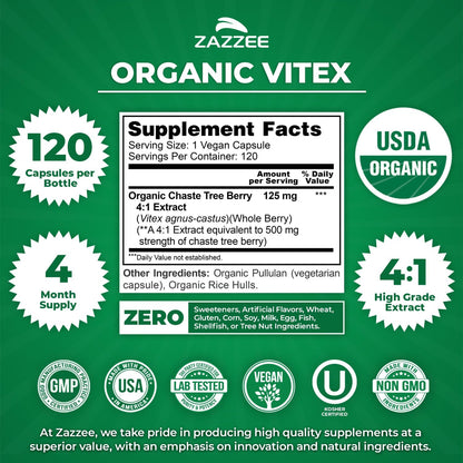 Zazzee USDA Organic Vitex 4:1 Extracto, 120 cápsulas veganas