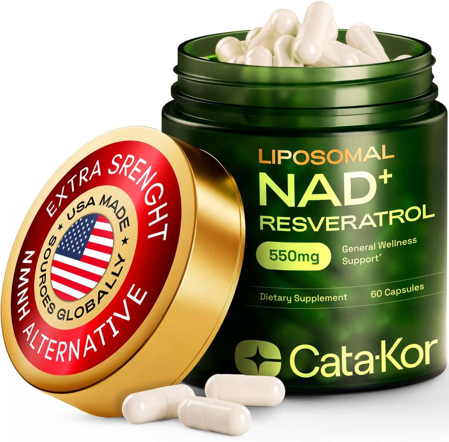 Cata-Kor Suplemento liposomal NAD+ con resveratrol - Alternativa al suplemento NMN - 60 cápsulas