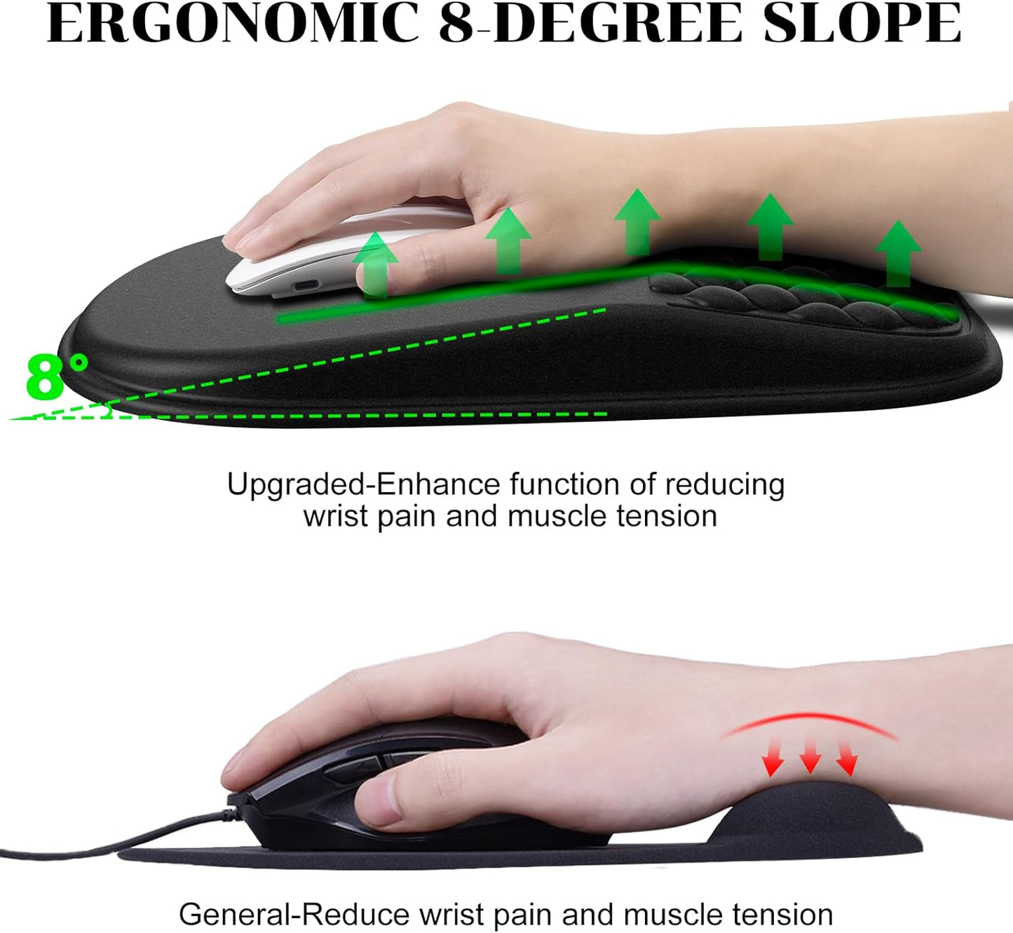 JIKIOU Pad ergonómica para mouse con diseño de masaje, espuma viscoelástica para aliviar el dolor, base de poliuretano antideslizante,12 x 8 negro