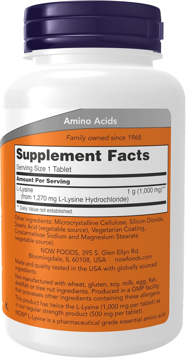 NOW Foods Suplementos, (Clorhidrato de L-lisina) 1,000 mg, Doble Fuerza, Aminoácidos, 100 Tabletas