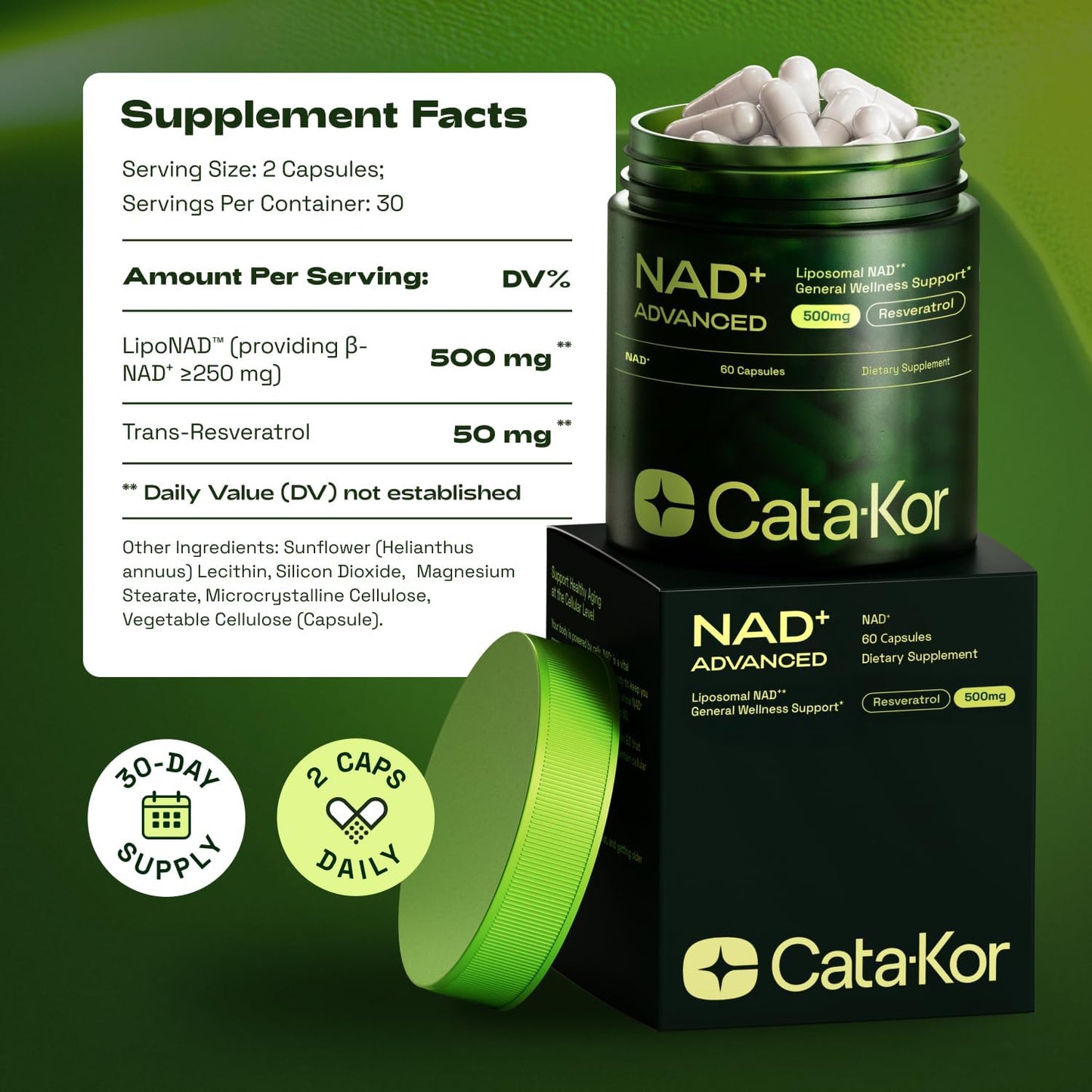 Cata-Kor Suplemento liposomal NAD+ con resveratrol - Alternativa al suplemento NMN - 60 cápsulas