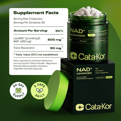 Cata-Kor Suplemento liposomal NAD+ con resveratrol - Alternativa al suplemento NMN - 60 cápsulas