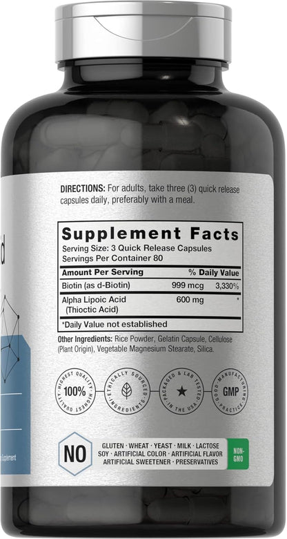 Horbäach Ácido alfa lipoico de 600 mg | 240 cápsulas | con optimizador de biotina | Suplemento sin OMG y sin gluten