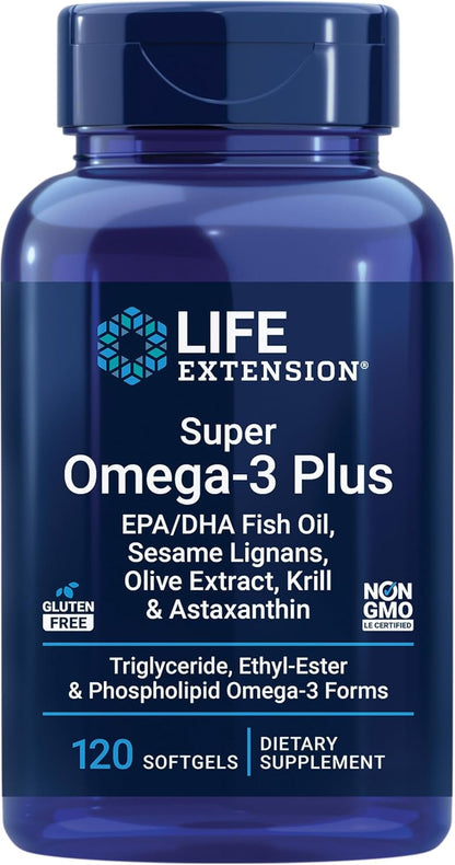 Life Extension - Super Omega-3 Plus EPA/DHA Fish Oil, Sesame Lignans, Olive Extract, Krill & Astaxanthin 120 capsulas
