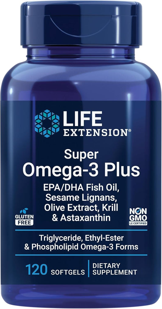 Life Extension - Super Omega-3 Plus EPA/DHA Fish Oil, Sesame Lignans, Olive Extract, Krill & Astaxanthin 120 capsulas