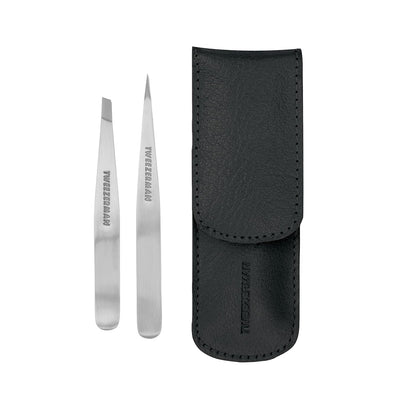 Tweezerman Juego de pinzas pequeñas con estuche de viaje, pinzas de punta e inclinación, (caja negra)