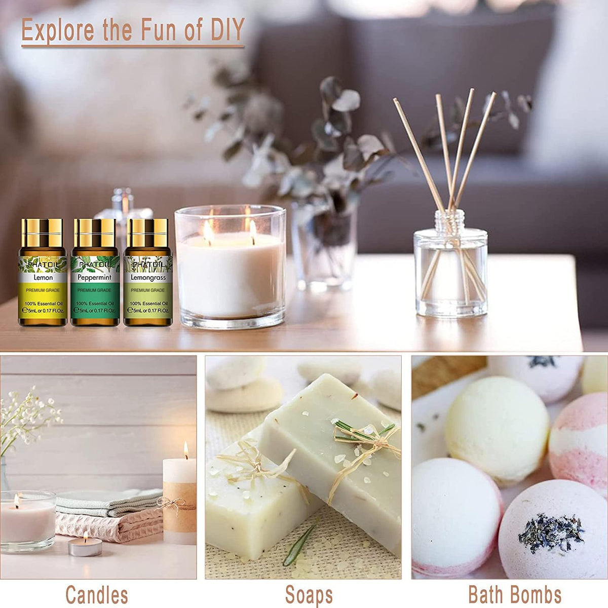 PHATOIL - Set de aceites esenciales de aromaterapia para difusor, cuidado de la piel