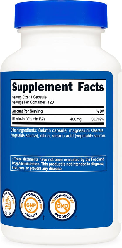 Nutricost - Vitamina B2 (Riboflavin) 400mg, 120 Capsulas