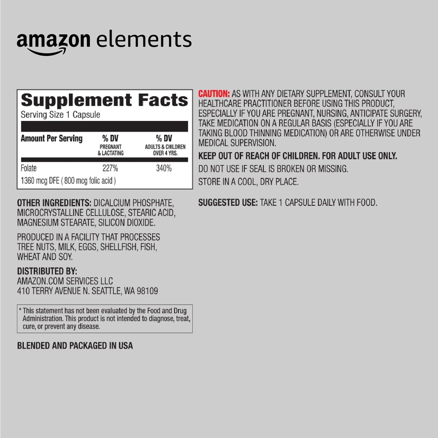 Amazon Elements Ácido fólico 800 mcg por porción, tableta, 180 unidades