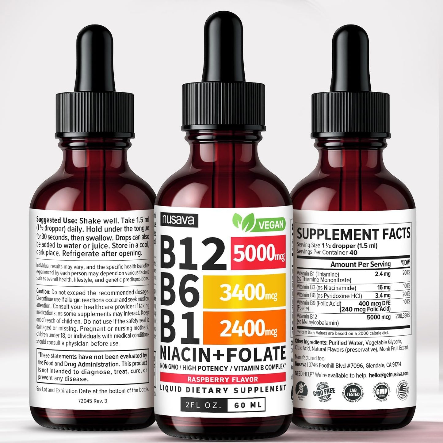 Nusava, Gotas de suplemento líquido de vitamina B12 con sabor a frambuesa, con B6, B1, niacina y ácido fólico, 60ml