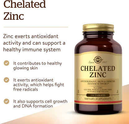 Solgar Zinc quelado 22mg, 250 tabletas zinc para una piel saludable, apoya el crecimiento celular y la formación de ADN, ejerce actividad antioxidante, apoya un sistema inmunológico saludable, sin OMG, vegano