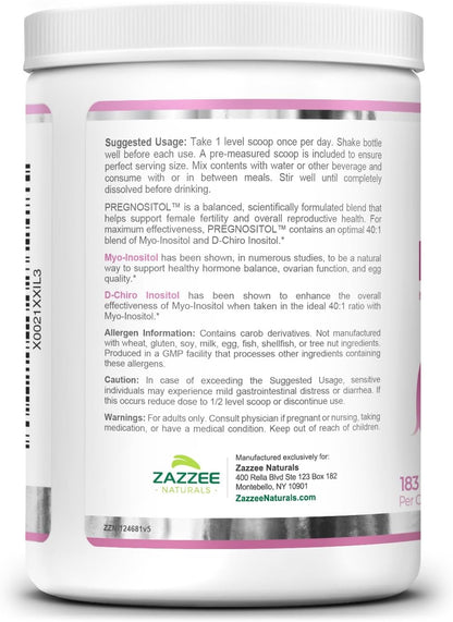 Zazzee PREGNOSITOL en polvo, 183 porciones 392 gr. 40:1 Myo Inositol Premium, D-Chiro-inositol + ácido fólico,sin OMG y todo natural.