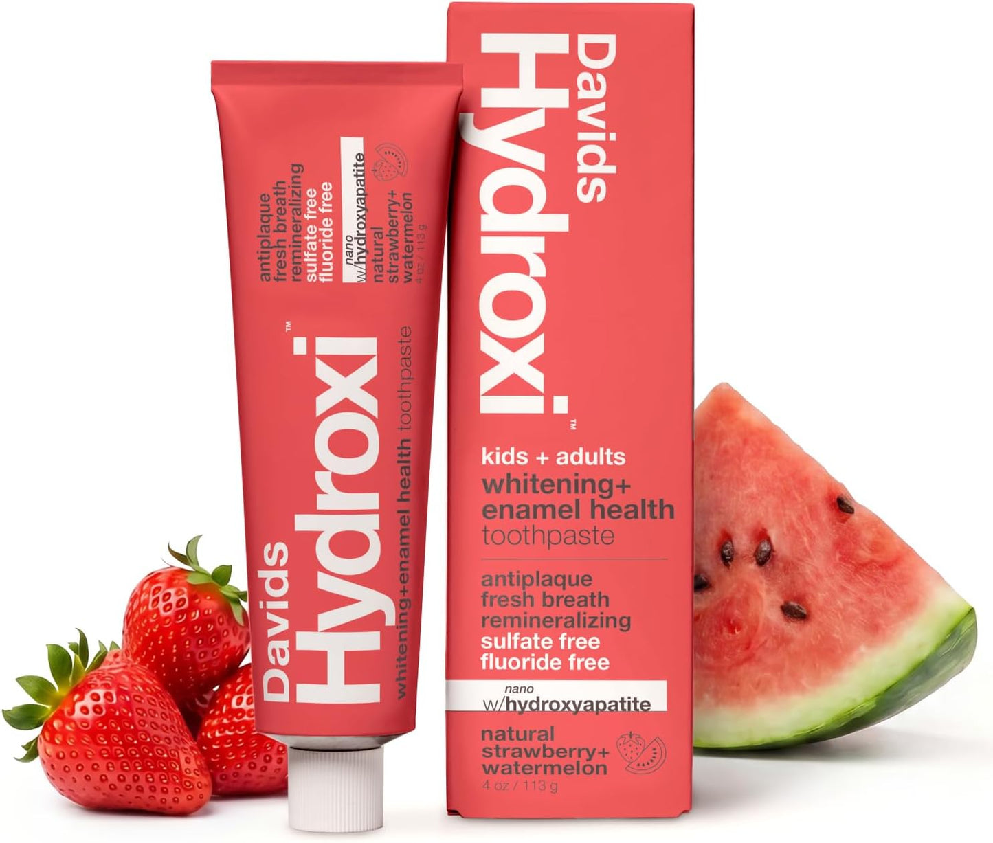 Pasta dental Davids Hydroxi sabor fresa y sandía, sin flúor, con nanohidroxiapatita para la salud y el blanqueamiento del esmalte, antiplaca, sin SLS, sabor apto para niños, 113 g