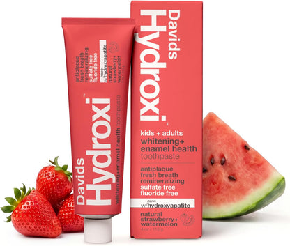 Pasta dental Davids Hydroxi sabor fresa y sandía, sin flúor, con nanohidroxiapatita para la salud y el blanqueamiento del esmalte, antiplaca, sin SLS, sabor apto para niños, 113 g