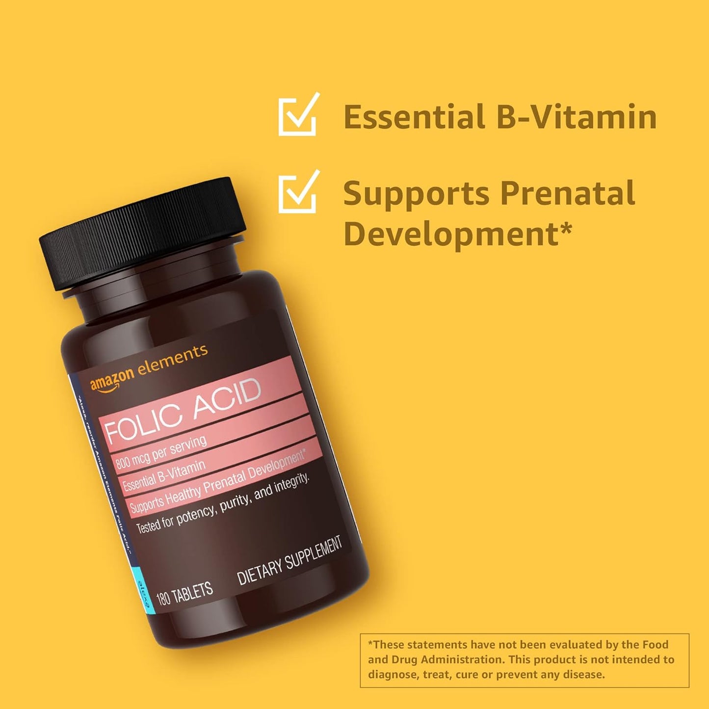 Amazon Elements Ácido fólico 800 mcg por porción, tableta, 180 unidades