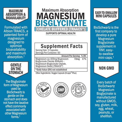 Bisglicinato de magnesio 100% efecto no laxante - Máxima absorción y totalmente reaccionado y tamponado - Energía saludable muscular y apoyo articular - sin OMG -180 mini capsulas
