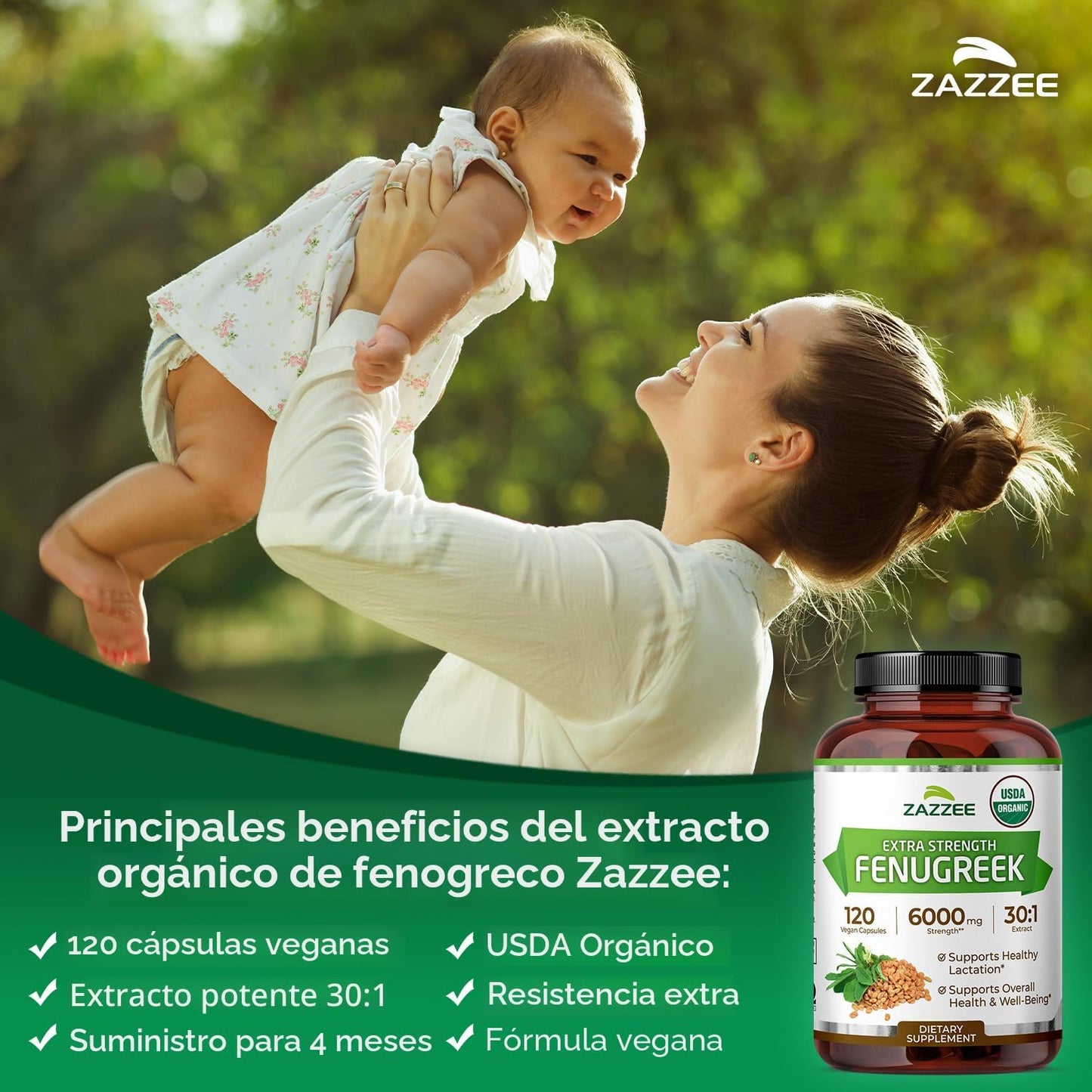 Zazzee USDA Extracto orgánico de fenogreco 30:1, 120 cápsulas