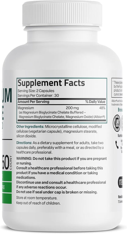 Bronson -Glicinato de magnesio 200 mg por porción conquelado,  capsulas vegetarianas