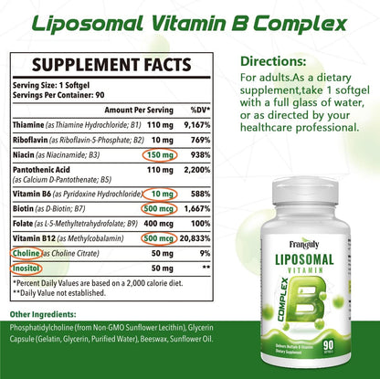 FRANGULY Vitaminas B activas del complejo B liposomal con colina e inositol, 90 cápsulas blandas de alta potencia B1, B2, B3, B5, B6, biotina, folato, B12 metilado, suplementos inmunológicos, energéticos, cerebrales y cardíacos