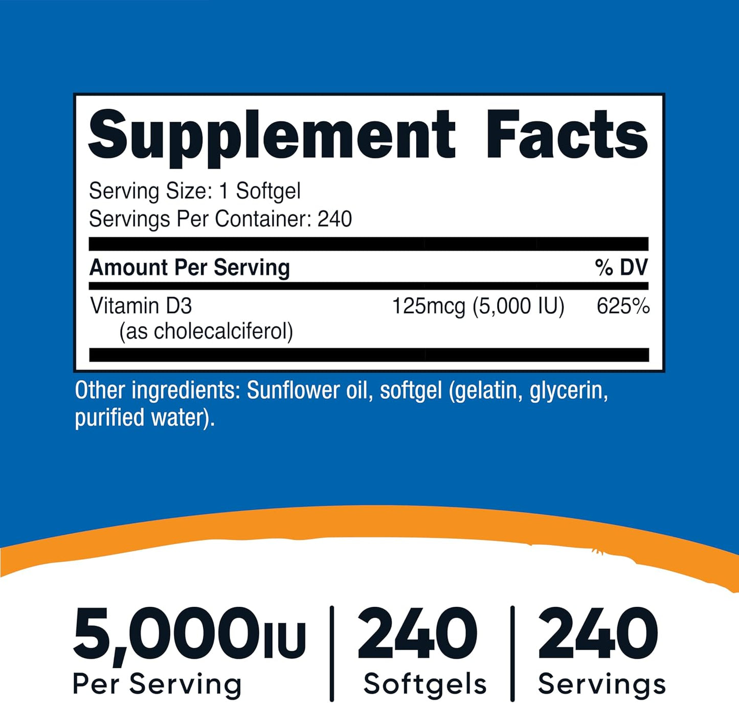 Nutricost Vitamina D3 5,000 UI, 240 cápsulas blandas
