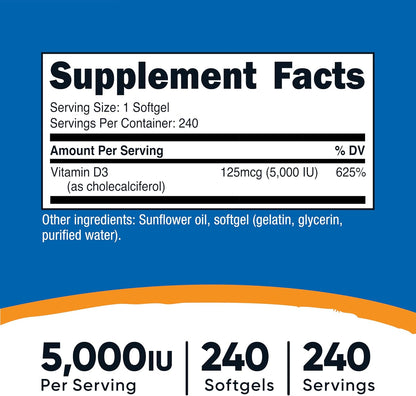 Nutricost Vitamina D3 5,000 UI, 240 cápsulas blandas