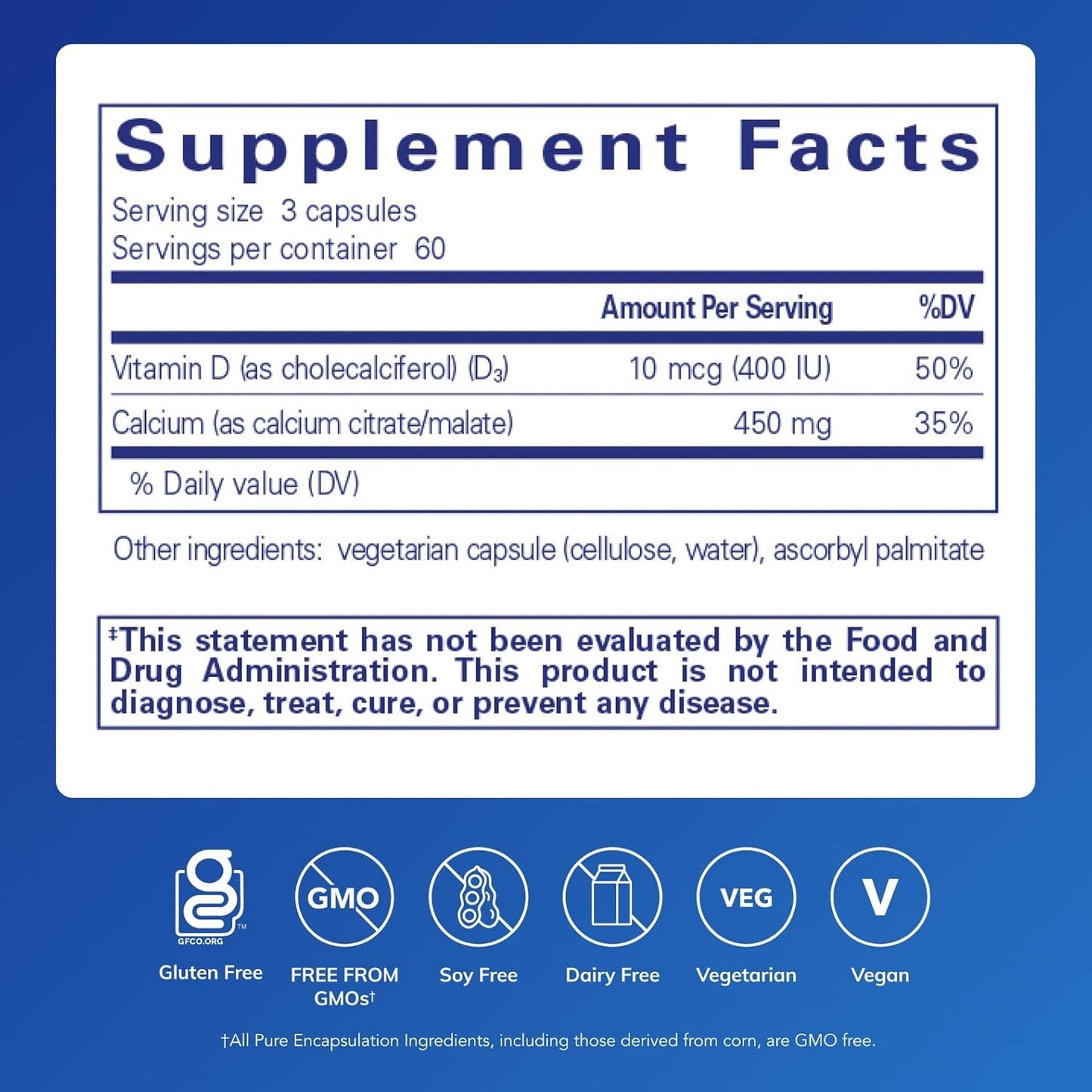 Pure Encapsulations -  Calcio (450mg)con Vitamina D3 10mcg(400IU), 180 capsulas