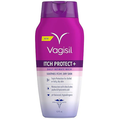 Vagisil Lavado femenino para la higiene del área íntima y la picazón, piel seca, Itch Protect+ Crme Wash, pH equilibrado y probado por ginecólogos, 12 onzas