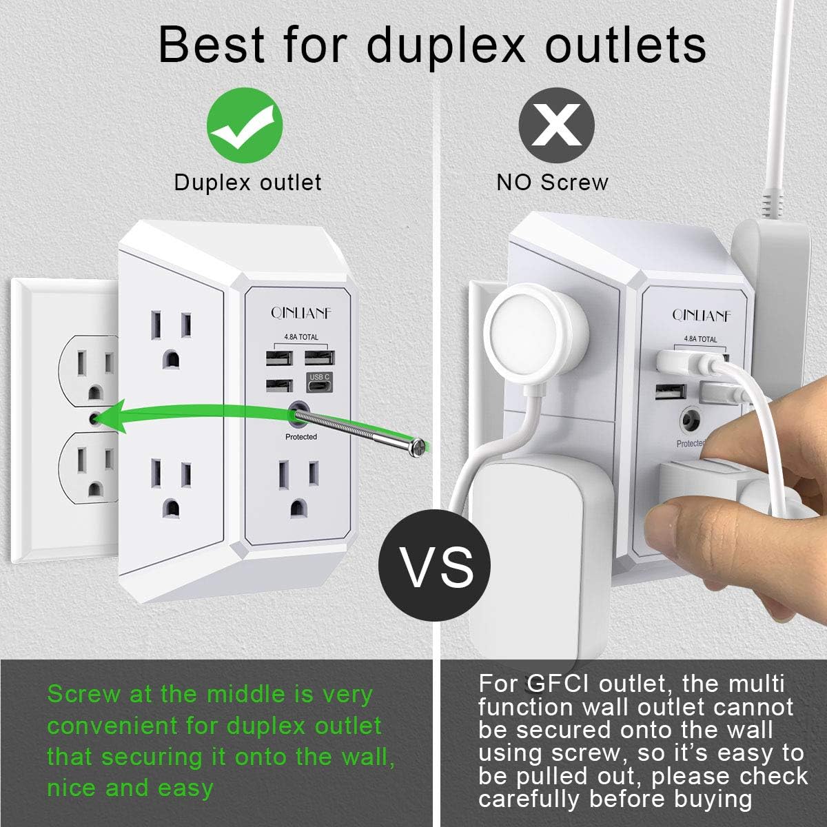 QINLIANF - Cargador de pared, protector de sobretensiones, extensor de 5 tomas de corriente con 4 puertos de carga USB (4.8 A en total) de 3 lados 1680J