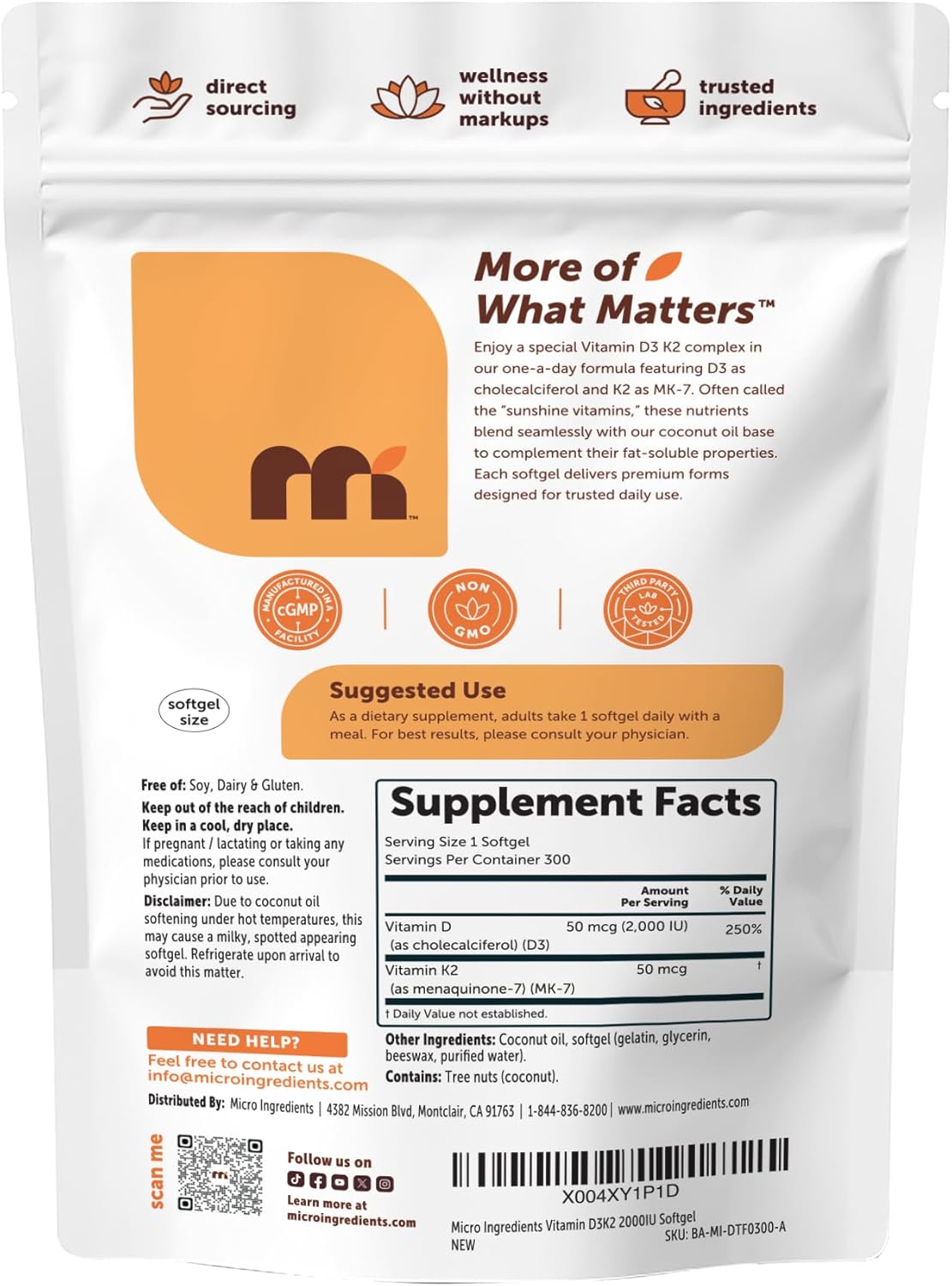 MicroIngredients - Vitamina D3(5,000IU) + K2 (100MCG- Mk7) - 300 capsulas