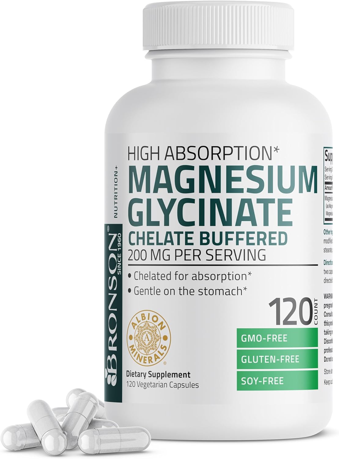 Bronson -Glicinato de magnesio 200 mg por porción conquelado,  capsulas vegetarianas