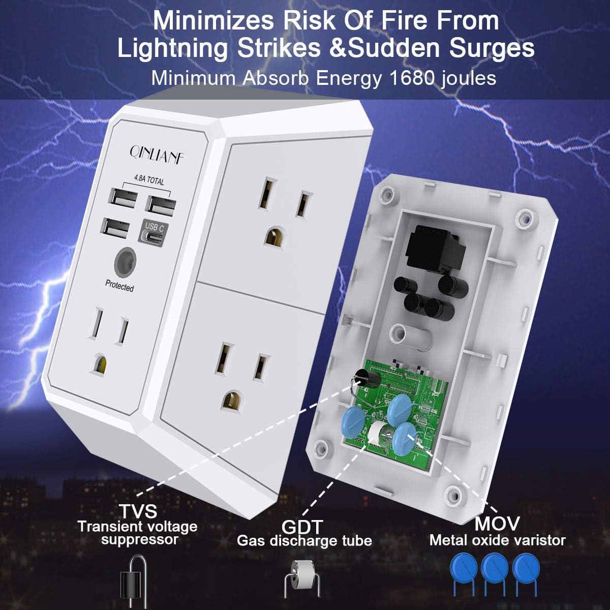QINLIANF - Cargador de pared, protector de sobretensiones, extensor de 5 tomas de corriente con 4 puertos de carga USB (4.8 A en total) de 3 lados 1680J