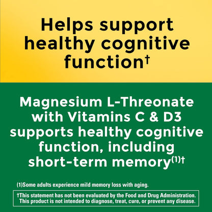 Nature Made L-treonato de magnesio con vitamina C y vitamina D3, proporciona 130 mg de magnesio de 1800 mg de treonato de magnesio L, suplemento de magnesio de apoyo cognitivo, 90 cápsulas