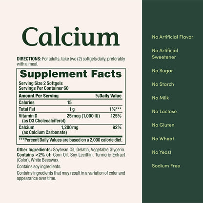 Natures Bounty - Calcium 1200mg plus 25mcg(1000IU), vitamina D3 - 220cápsulas blandas de liberación rápida