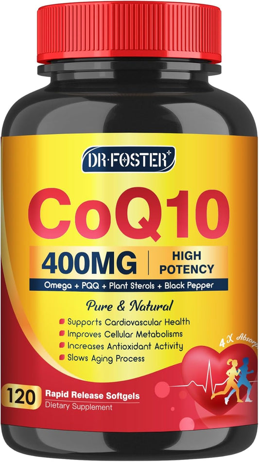 Dr. Foster CoQ10 400mg, PQQ, Omega 3 y vitamina E,  energía cardíaca y celular, 120 softgels