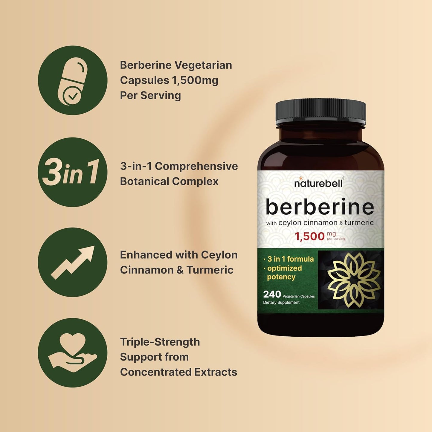 NatureBell-  Berberine 1,500mg con Ceylon Cinnamon y Turmeric Root, 240 capsulas vegetarianas