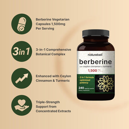 NatureBell-  Berberine 1,500mg con Ceylon Cinnamon y Turmeric Root, 240 capsulas vegetarianas