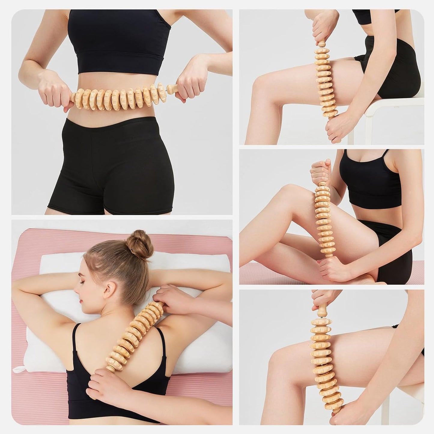 Rodillo de madera para masaje anticelulítico en piernas y muslos: herramienta manual para aliviar la fascia muscular, favorecer el drenaje linfático y esculpir el cuerpo.