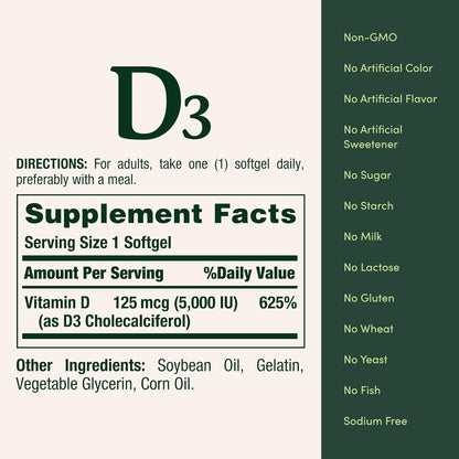 Natures Bounty - Vitamina D3 125mcg(5000IU), cápsulas blandas de liberación rápida