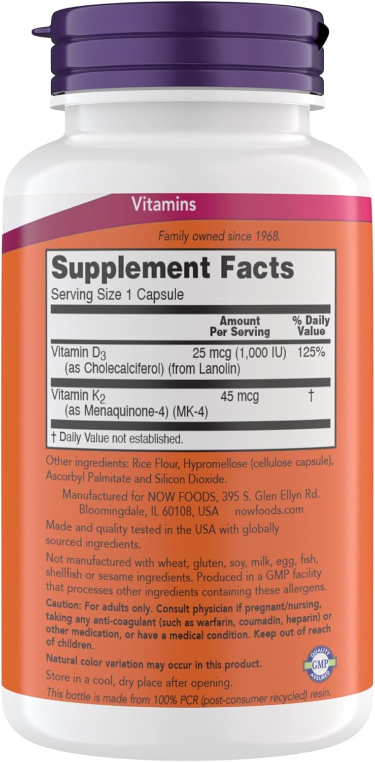 Now - Vitamina D-3( 1,000IU) + K-2 (45mcg)- 180 capsulas