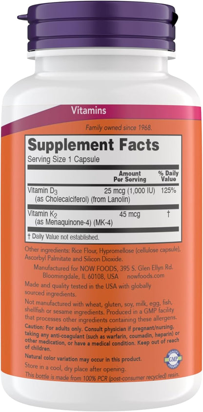Now - Vitamina D-3( 1,000IU) + K-2 (45mcg)- 180 capsulas
